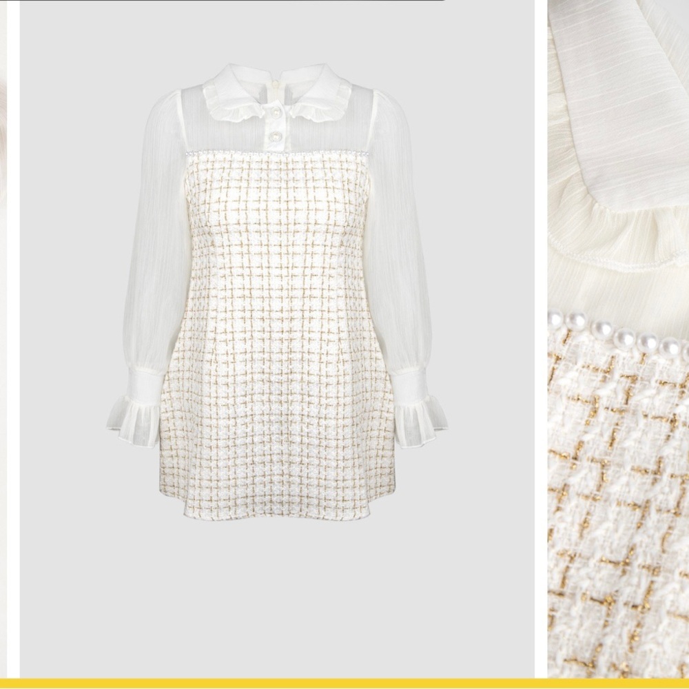 White mesh yoke tweed mini dress